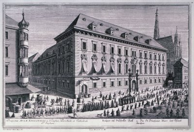 View of a funeral procession with the St. Stephens Cathedral in the background engraved by Johann-August Corvinus by Salomon after Kleiner